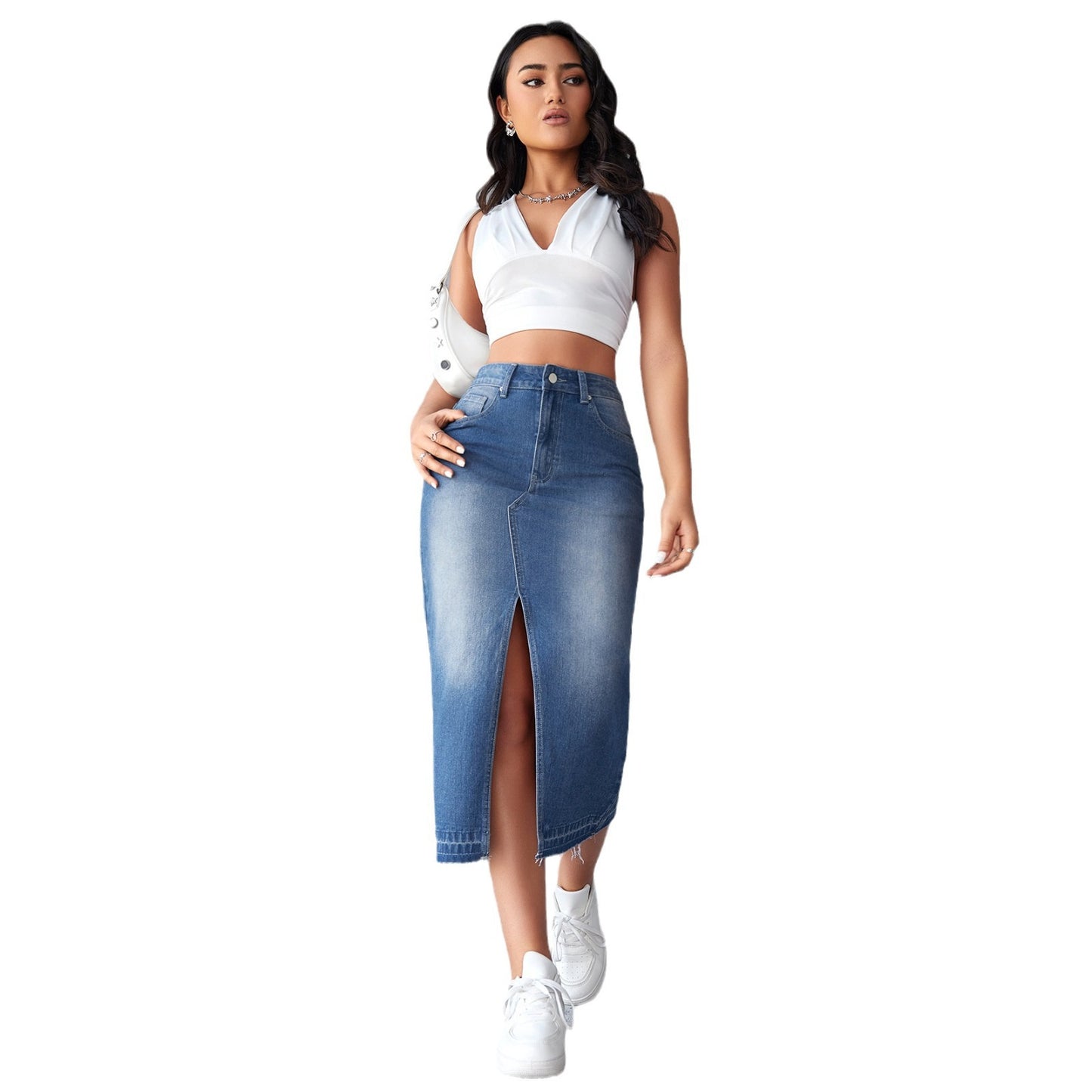 Damen Jeansrock mit hoch geschnittenem Schlitz und fransigem Saum Stalluxe