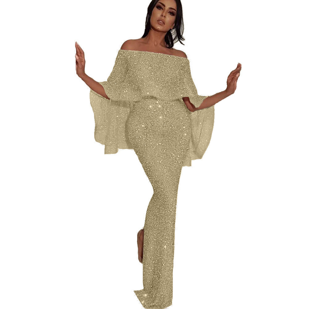 Damen Elegante bodenlange Overall mit schulterfreiem Design und schimmerndem Stoff Stalluxe