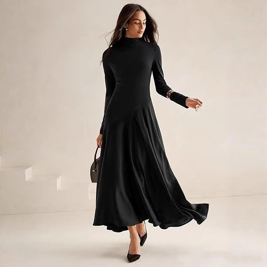 Damen Elegantes Langarm Maxikleid mit hohem Kragen und fließendem Rock Stalluxe