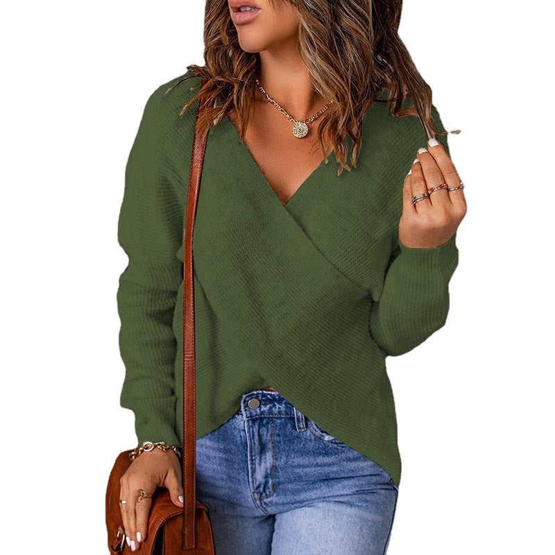 Damen lässiger Wickel-Pullover mit tiefem V-Ausschnitt und strukturiertem Gewebe Stalluxe
