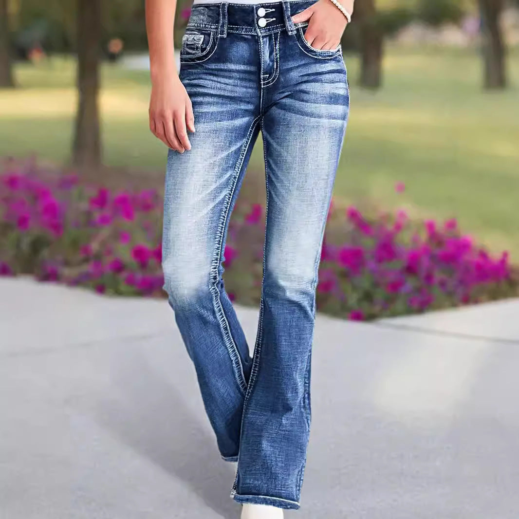 Damen Bootcut Jeans mit trendigem Used-Look und verzierten Taschen Stalluxe