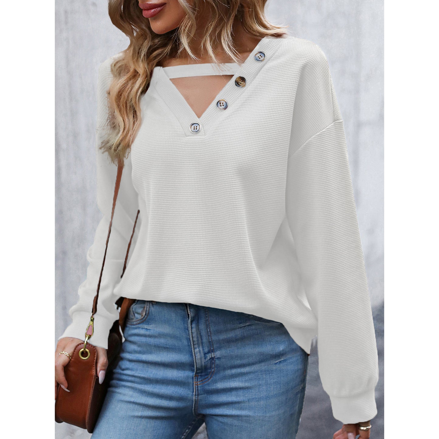 Damen Lässiger Hoodie mit dekorativen Knöpfen und tiefem V-Ausschnitt Stalluxe