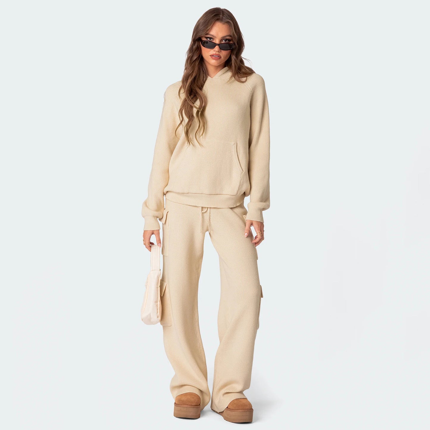 Damen lässiger Hoodie im Rippdesign mit praktischer Kängurutasche Stalluxe