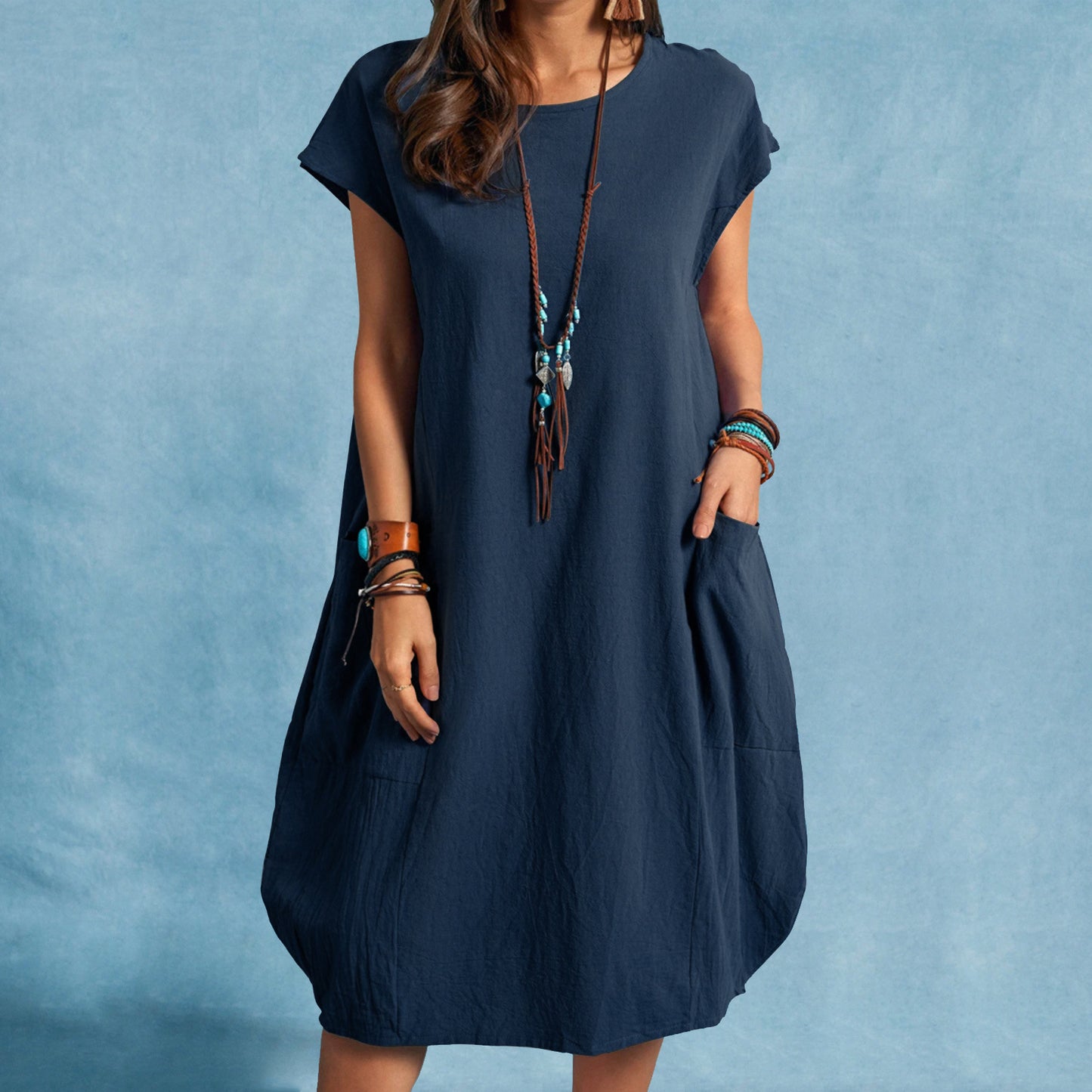 Damen lässiges Sommerkleid mit praktischen Seitentaschen und Rundhalsausschnitt Stalluxe