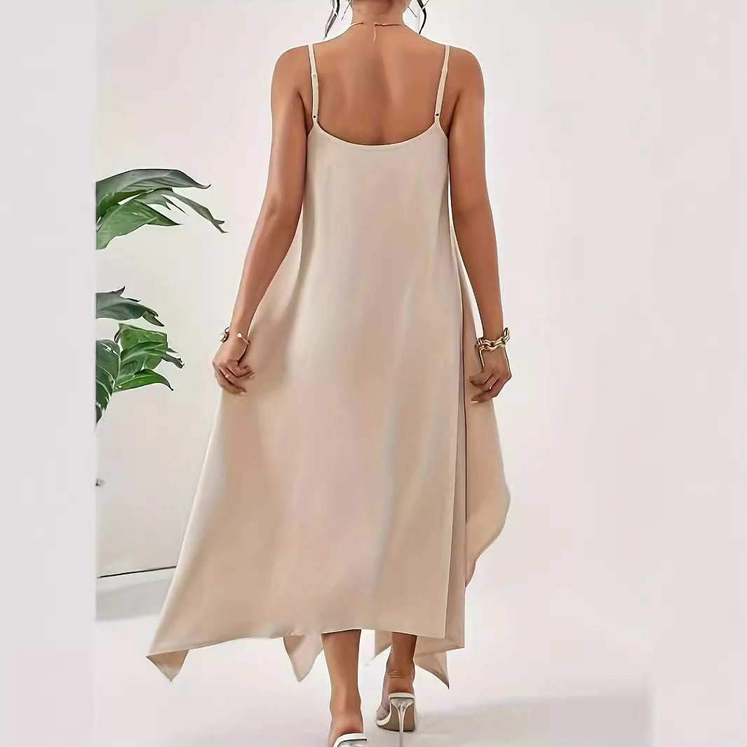 Damen luftiges Maxikleid mit asymmetrischem Saum und schmalen Spaghetti-Trägern Stalluxe