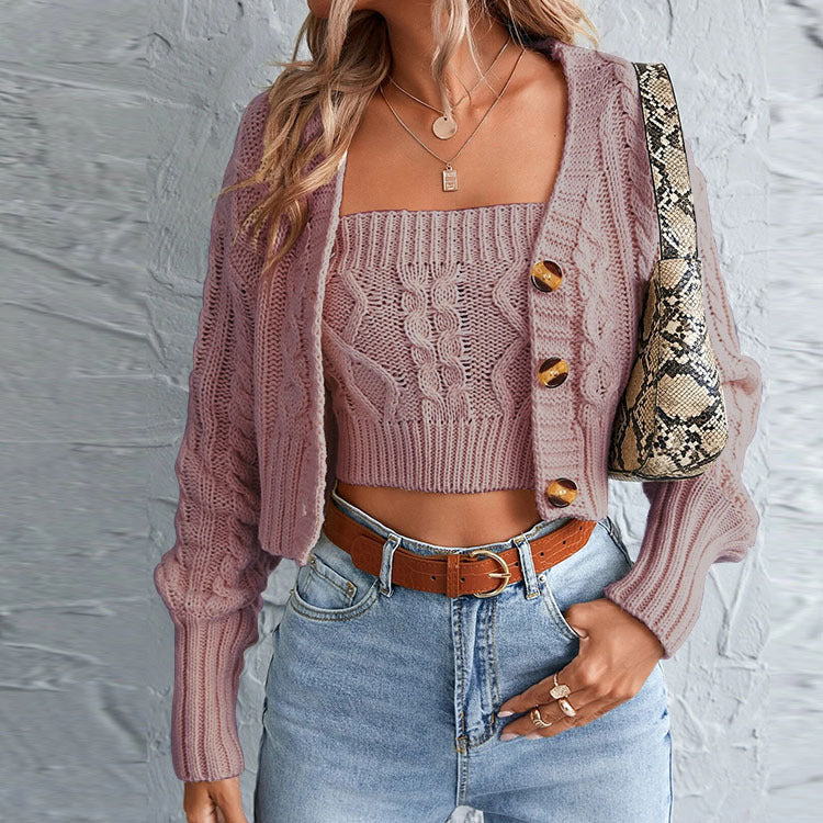 Damen lässiges Strick-Set mit offener Jacke und Crop-Top Stalluxe