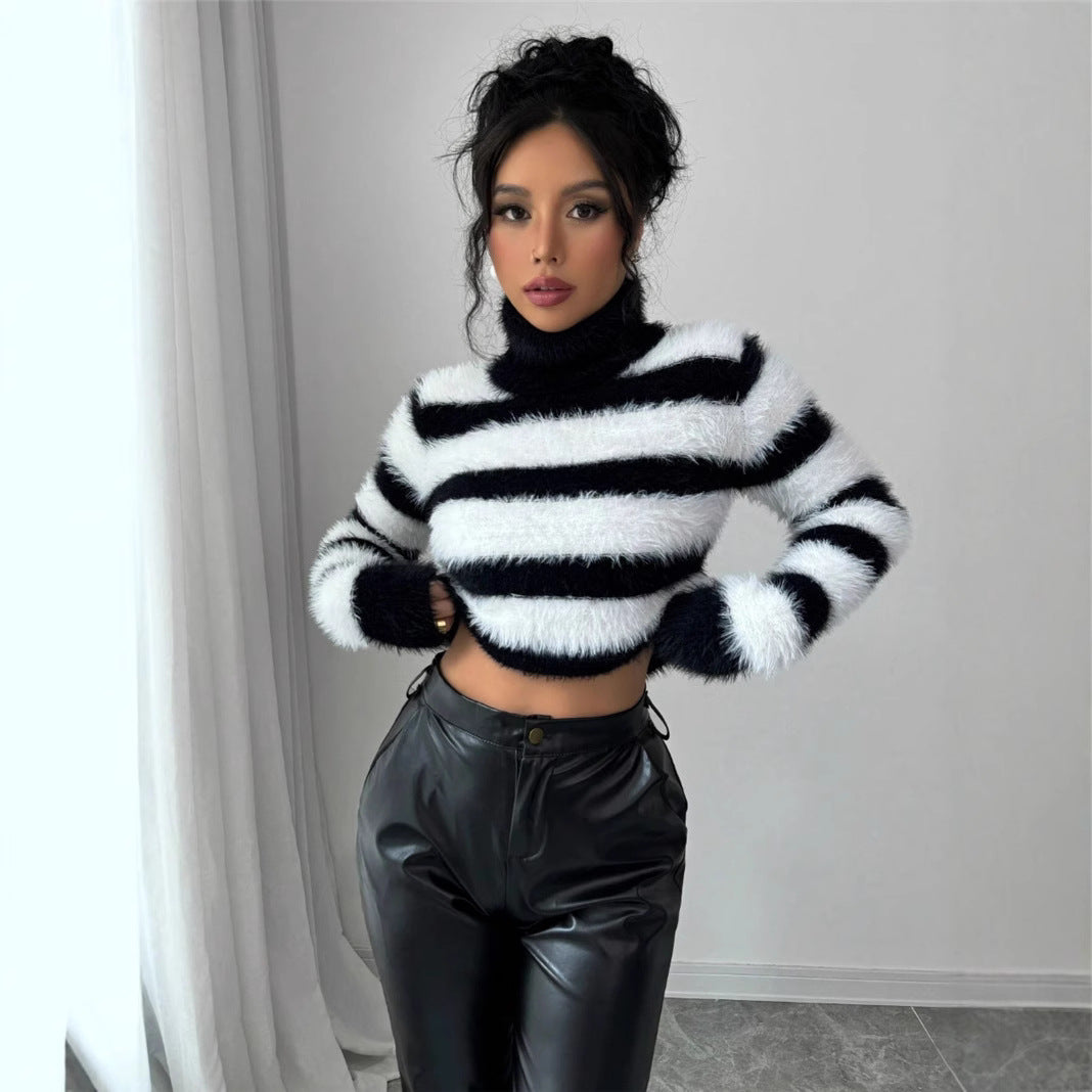 Damen modischer Strickpullover mit trendigem gestreiften Design und hohem Kragen Stalluxe