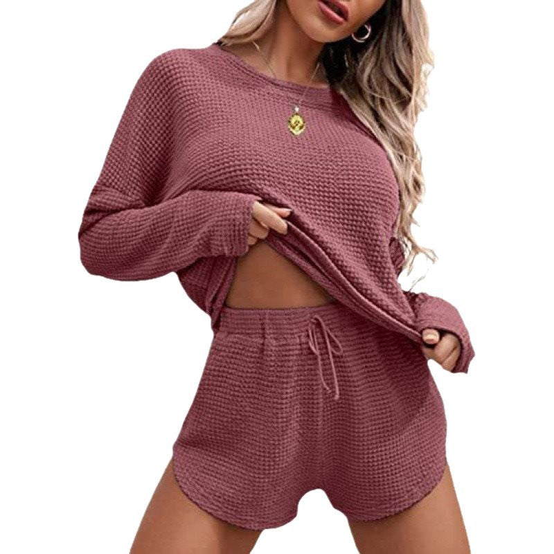 Damen lässiges Waffelstrick-Outfit mit komfortablem Crop-Oberteil und Shorts Stalluxe