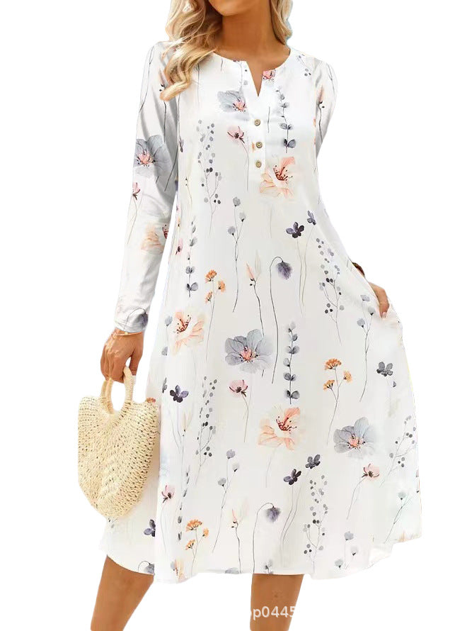 Damen Langarm Kleid mit floralem Design und durchgehender Knopfleiste Stalluxe