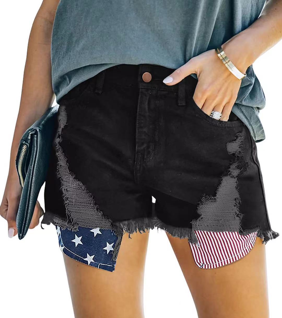Damen Jeans-Shorts mit modischem Stars-and-Stripes-Muster und fransigen Details Stalluxe