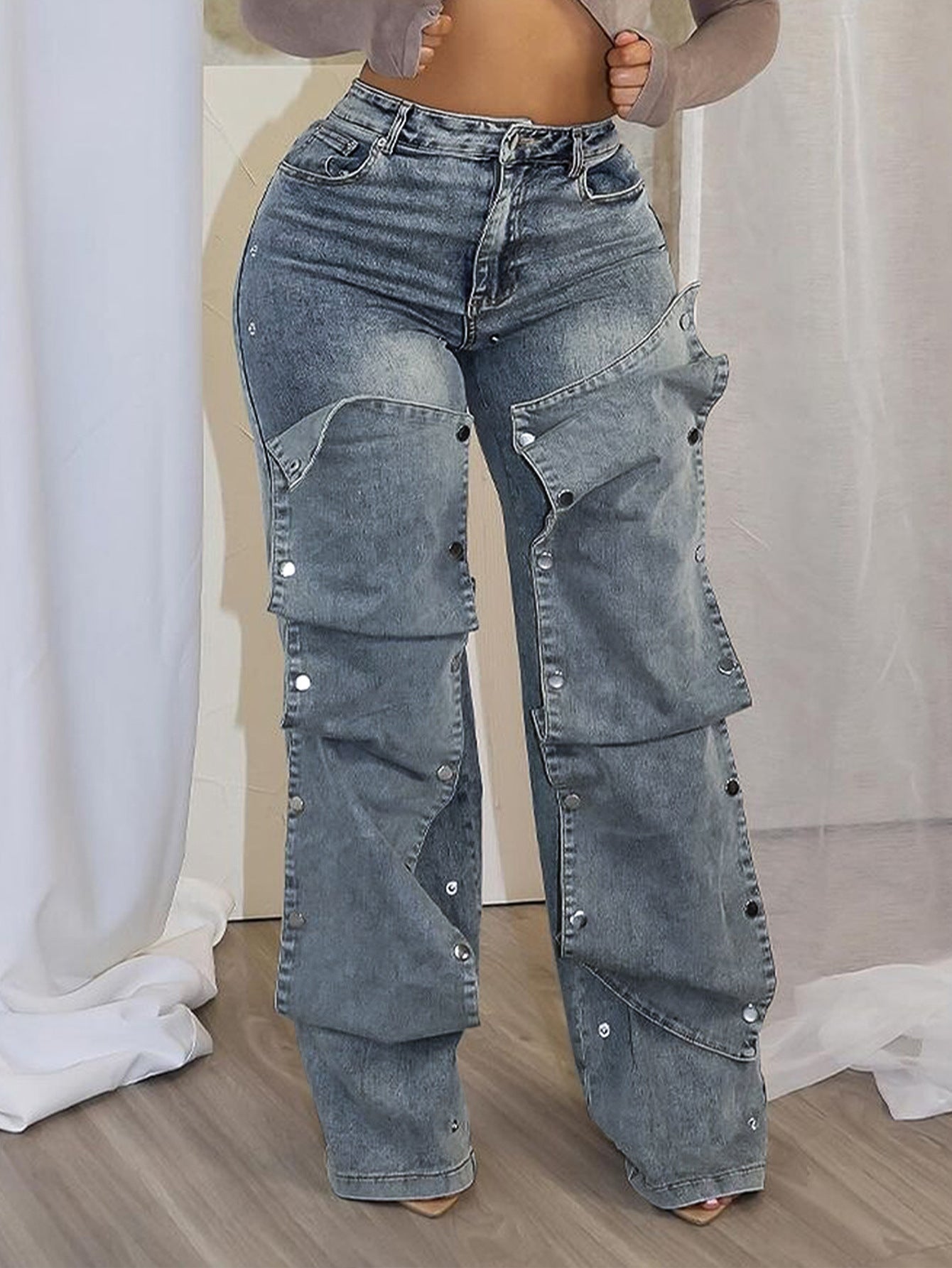 Damen Oversize Cargo-Jeans mit praktischem Knopfverschluss Stalluxe
