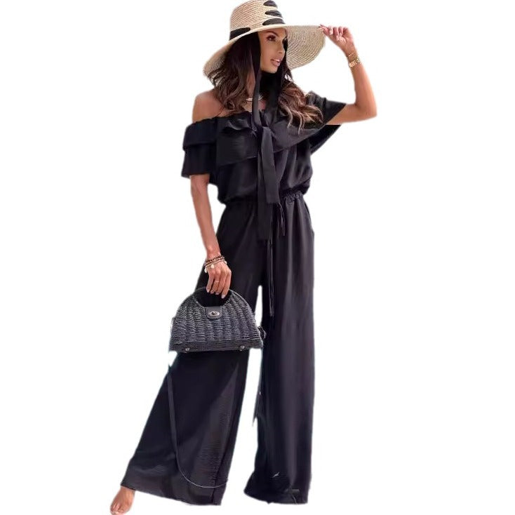 Damen Eleganter Off-Shoulder Jumpsuit mit weitem Bein und Rüschendetails Stalluxe