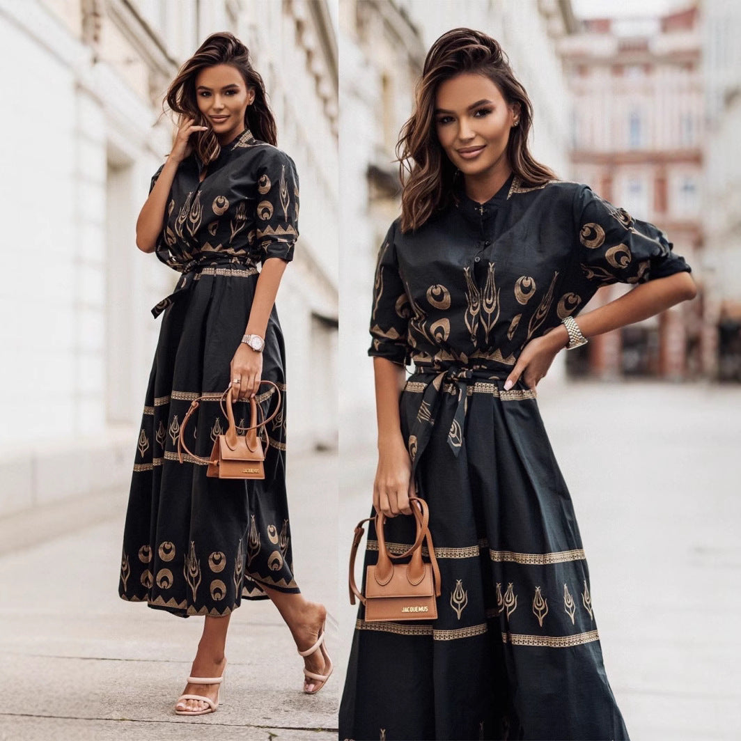 Damen Elegantes Maxikleid mit kunstvollen Musterdetails und Taillengürtel Stalluxe