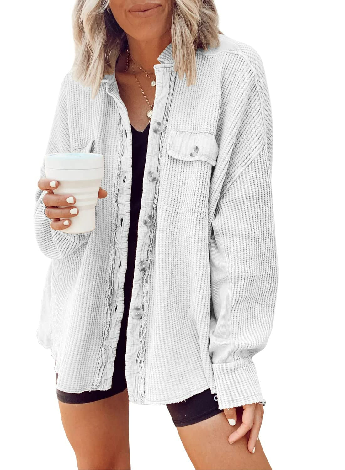 Damen Lässige Waffle-Strickjacke mit praktischen Taschen und Knopfdetails Stalluxe