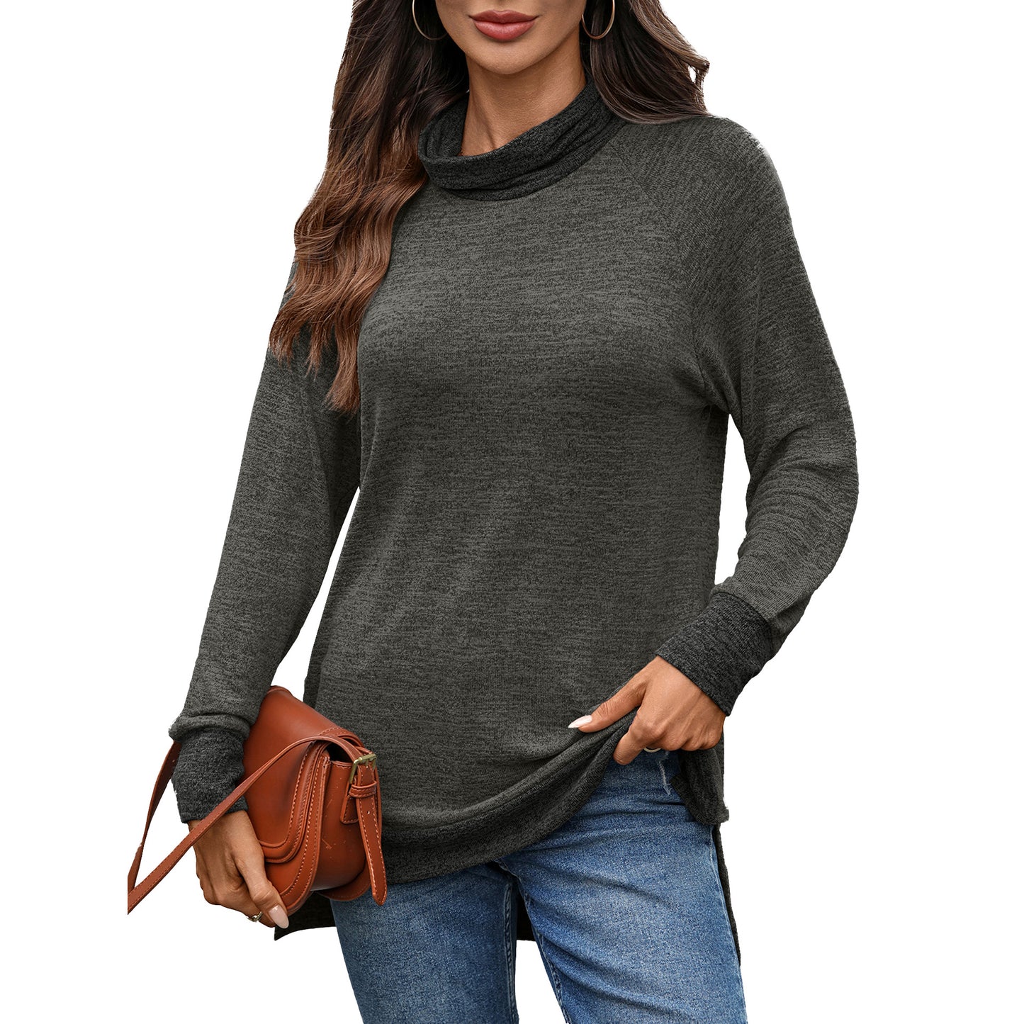 Damen lässiger Pullover mit stehendem Kragen und seitlichen Schlitzen Stalluxe