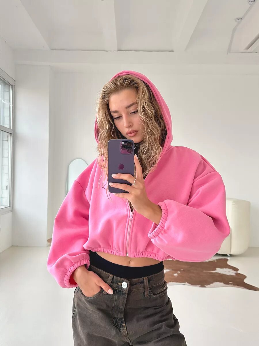Damen cropped Kapuzenpullover mit voluminösen Ärmeln Stalluxe