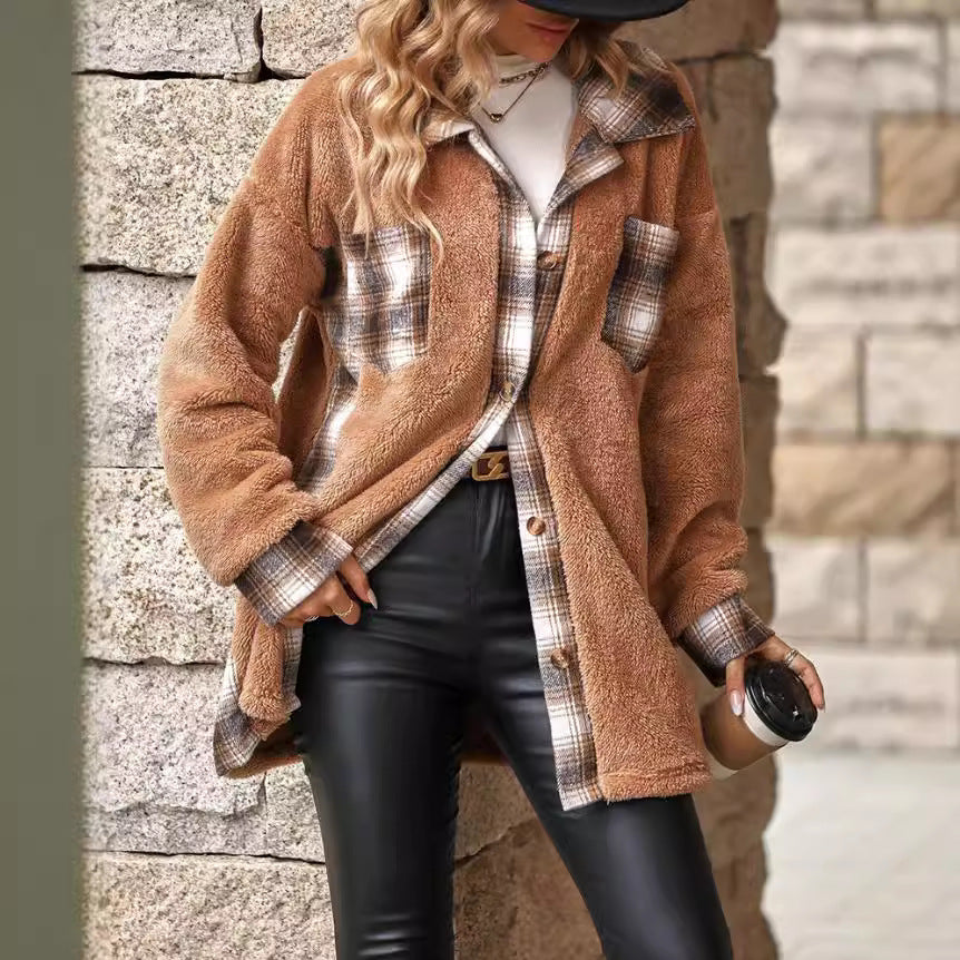 Damen flauschige Overshirtjacke mit kariertem Design Stalluxe