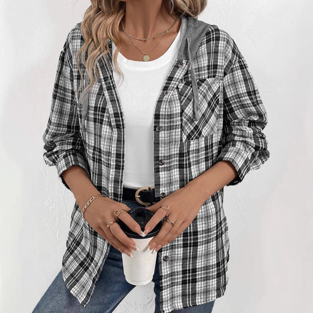 Damen lässige Flanellhemdjacke mit Kapuze und Karomuster Stalluxe