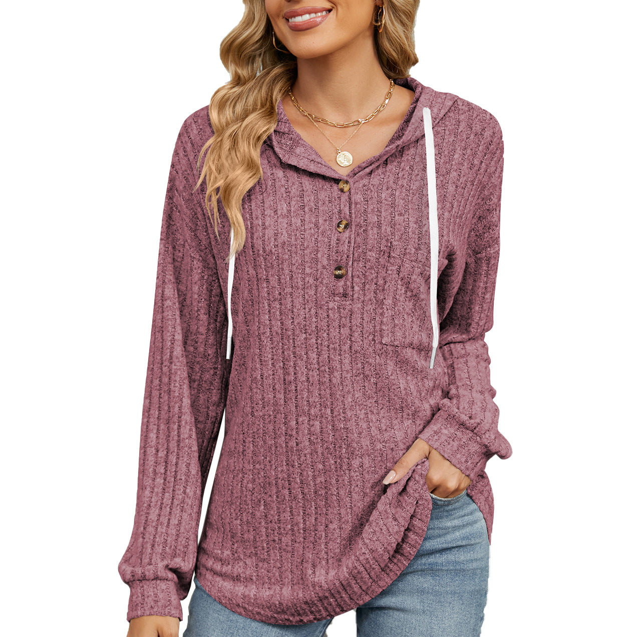 Damen lässiger Hoodie mit Knopfleiste und strukturiertem Design Stalluxe