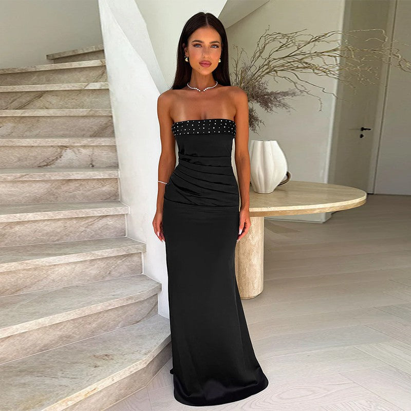 Damen trägerloses Satin Abendkleid Stalluxe