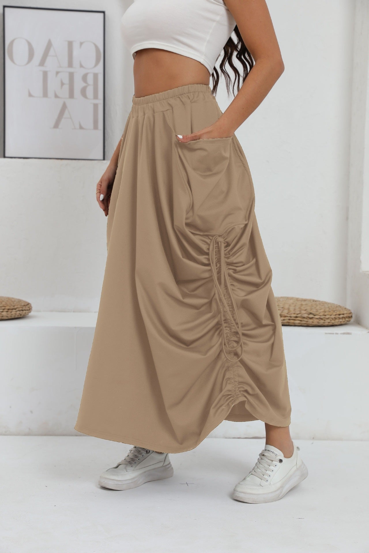 Damen lange Oversize-Rock mit Taschen und Raffung Stalluxe