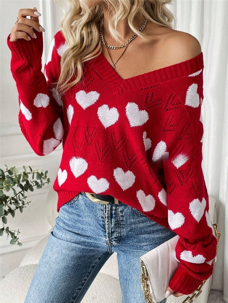 Damen kuscheliger Pullover mit herzförmigem Muster und V-Ausschnitt Stalluxe