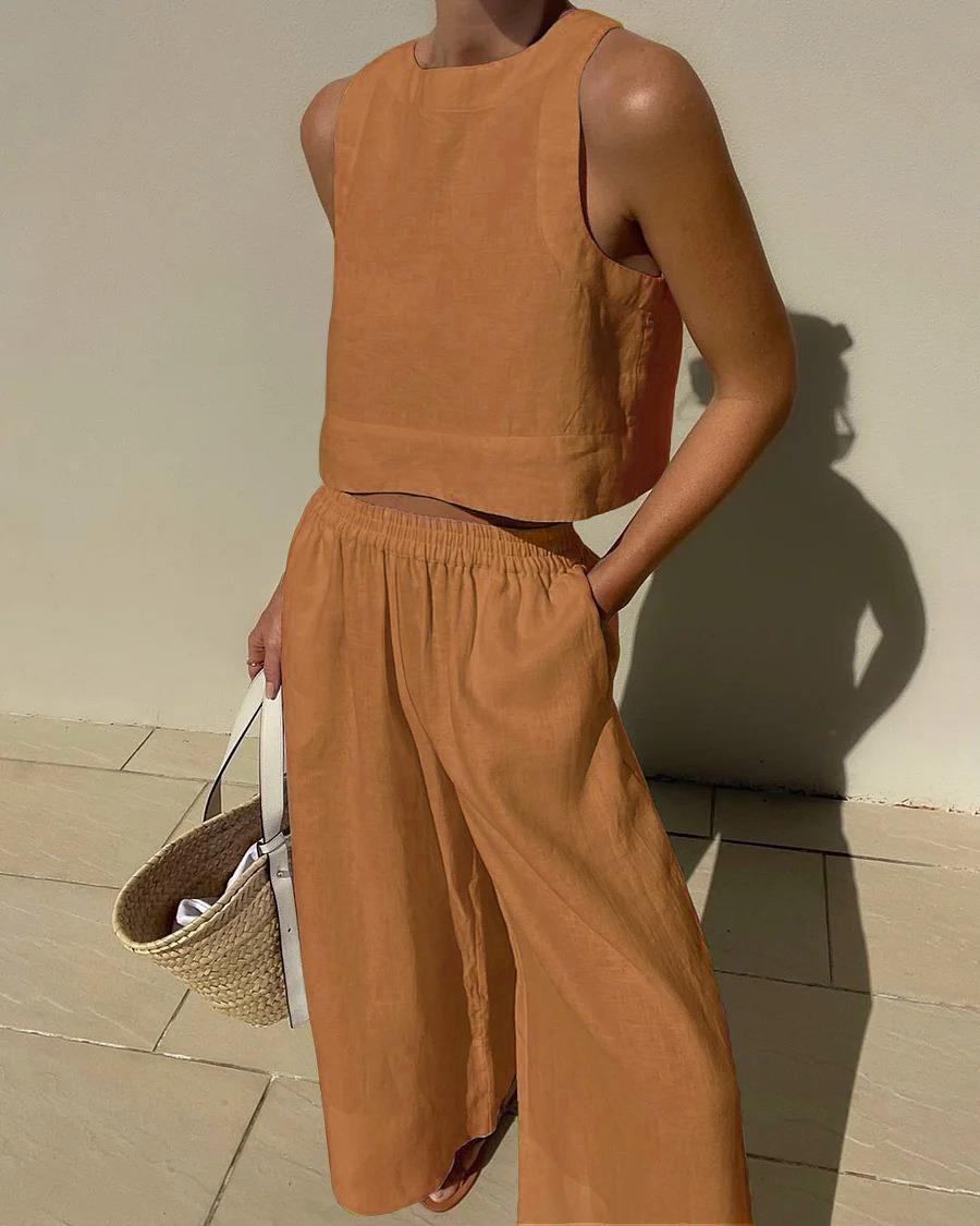 Damen luftiges und modernes Leinen-Set mit Cropped Top und weitem Hose Stalluxe