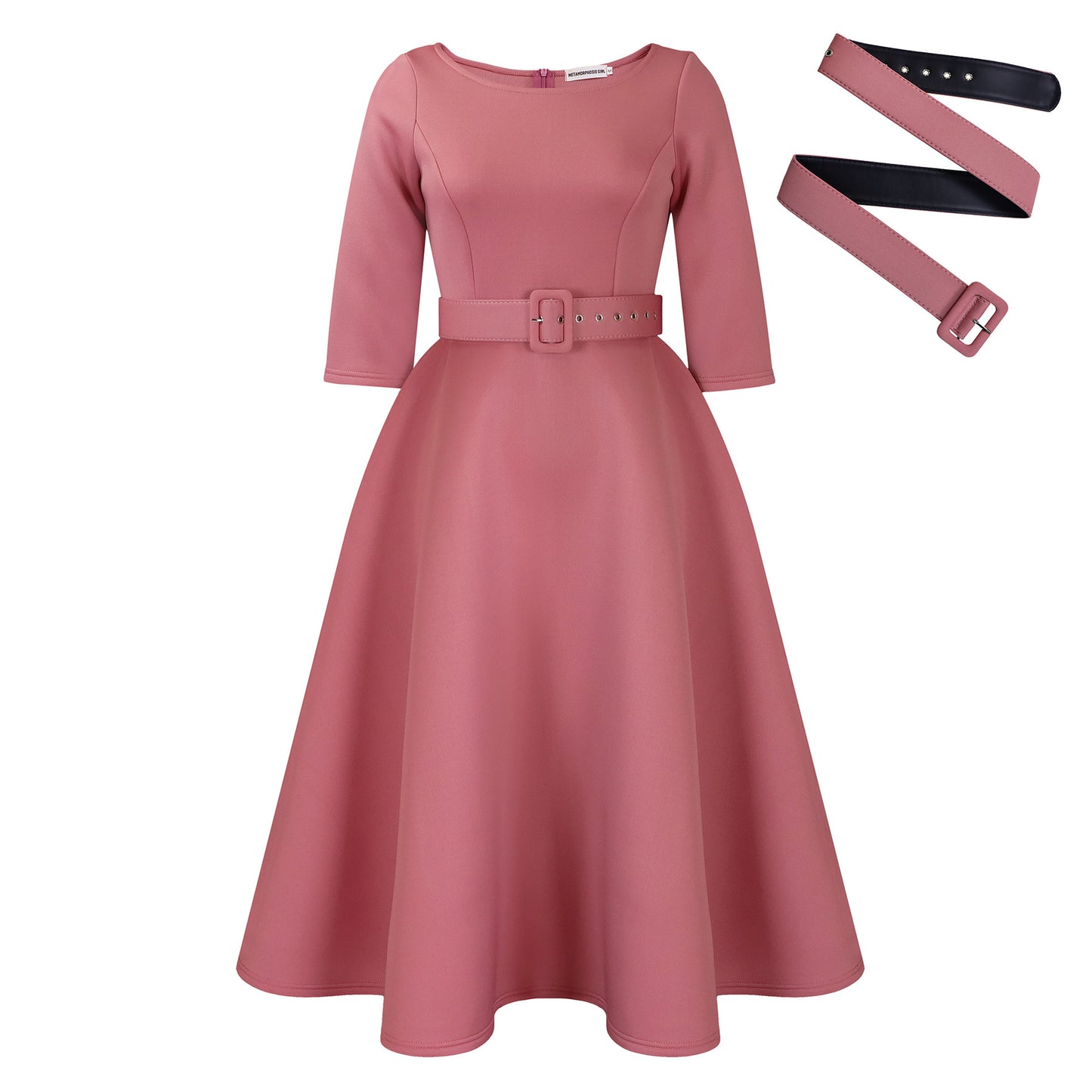 Damen Elegantes A-Linien Kleid mit Gürtel und ¾-Ärmeln Stalluxe