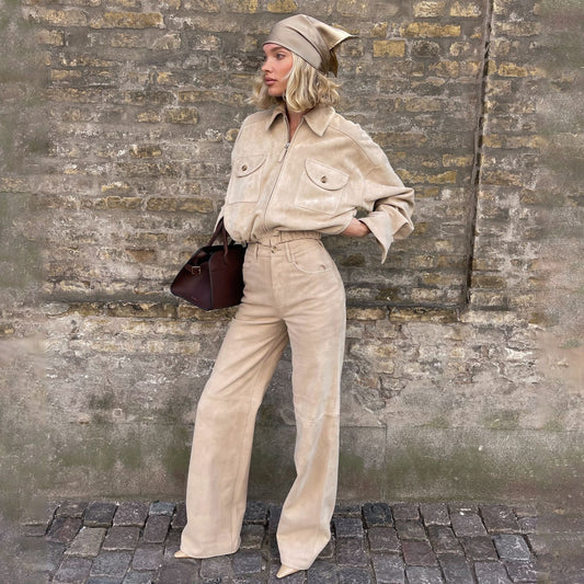 Damen Gesteppte Lederjacke und Hochbundhose Set Stalluxe