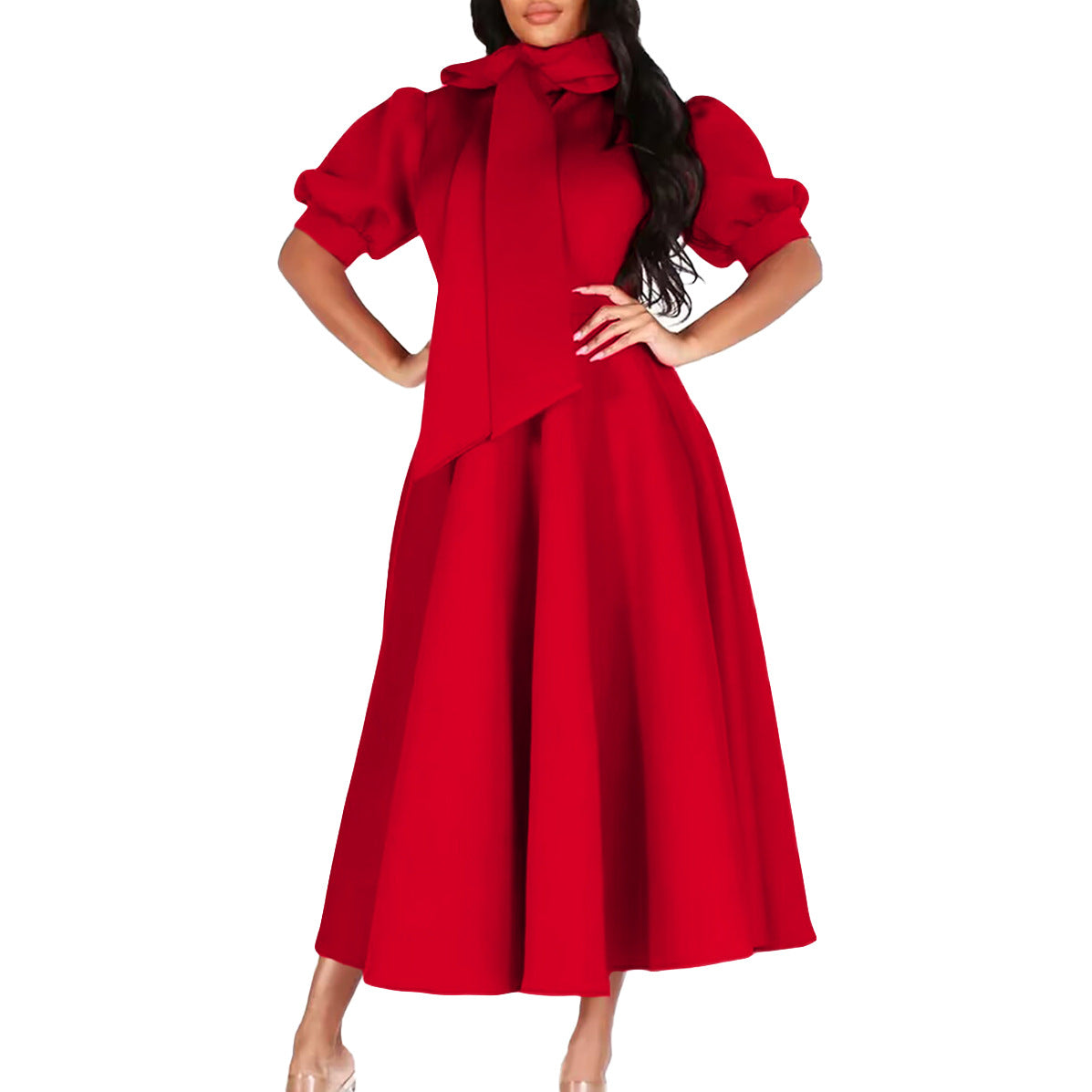 Damen Elegantes A-Linien Kleid mit Schleifenkragen und Volantärmeln Stalluxe