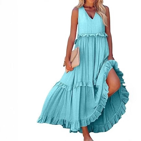Damen Maxi-Kleid mit V-Ausschnitt und voluminösem Saum Stalluxe