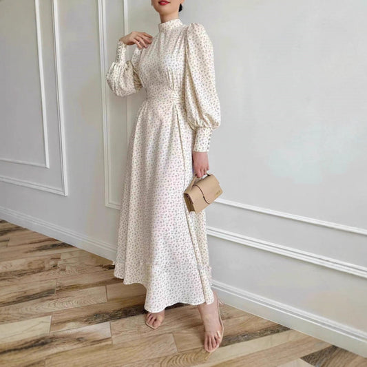 Damen Maxikleid mit hochgeschlossenem Kragen und eleganten Puffärmeln Stalluxe