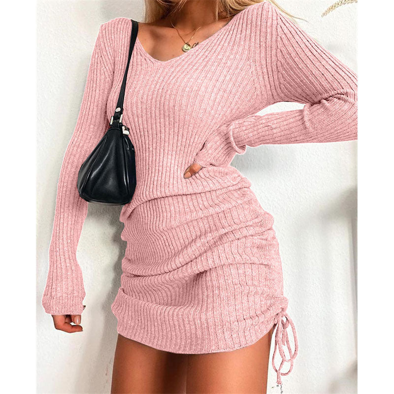 Damen Rippstrickkleid mit tiefem V-Ausschnitt und verstellbarem Raffung Stalluxe