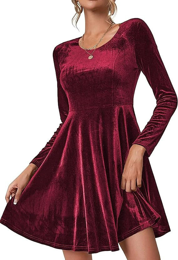 Damen Langarm Velours Kleid mit fließendem Rock Stalluxe