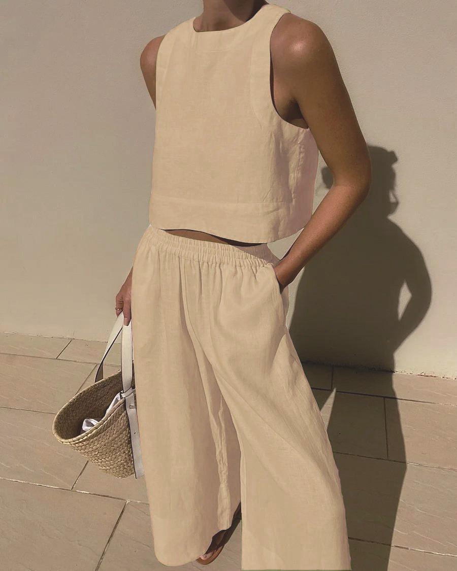 Damen luftiges und modernes Leinen-Set mit Cropped Top und weitem Hose Stalluxe