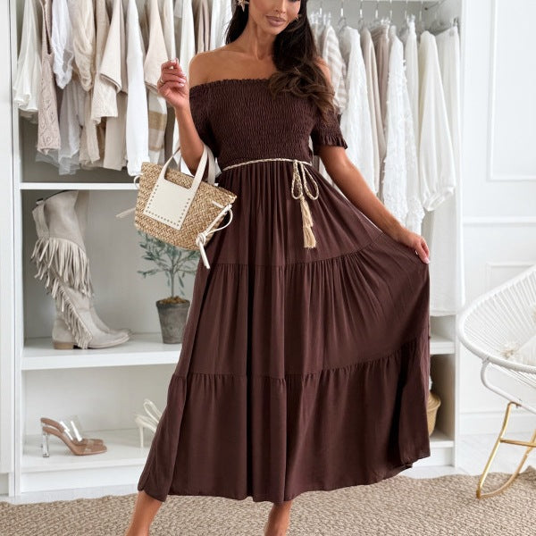 Damen Off-Shoulder Maxikleid mit elastischem Taillenband und fließendem Rock Stalluxe