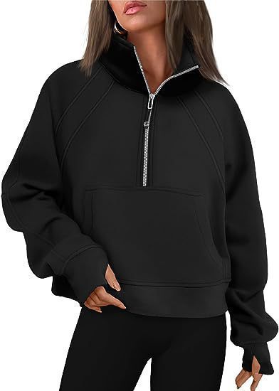Damen sportlicher Pullover mit halbem Reißverschluss und Kängurutasche Stalluxe