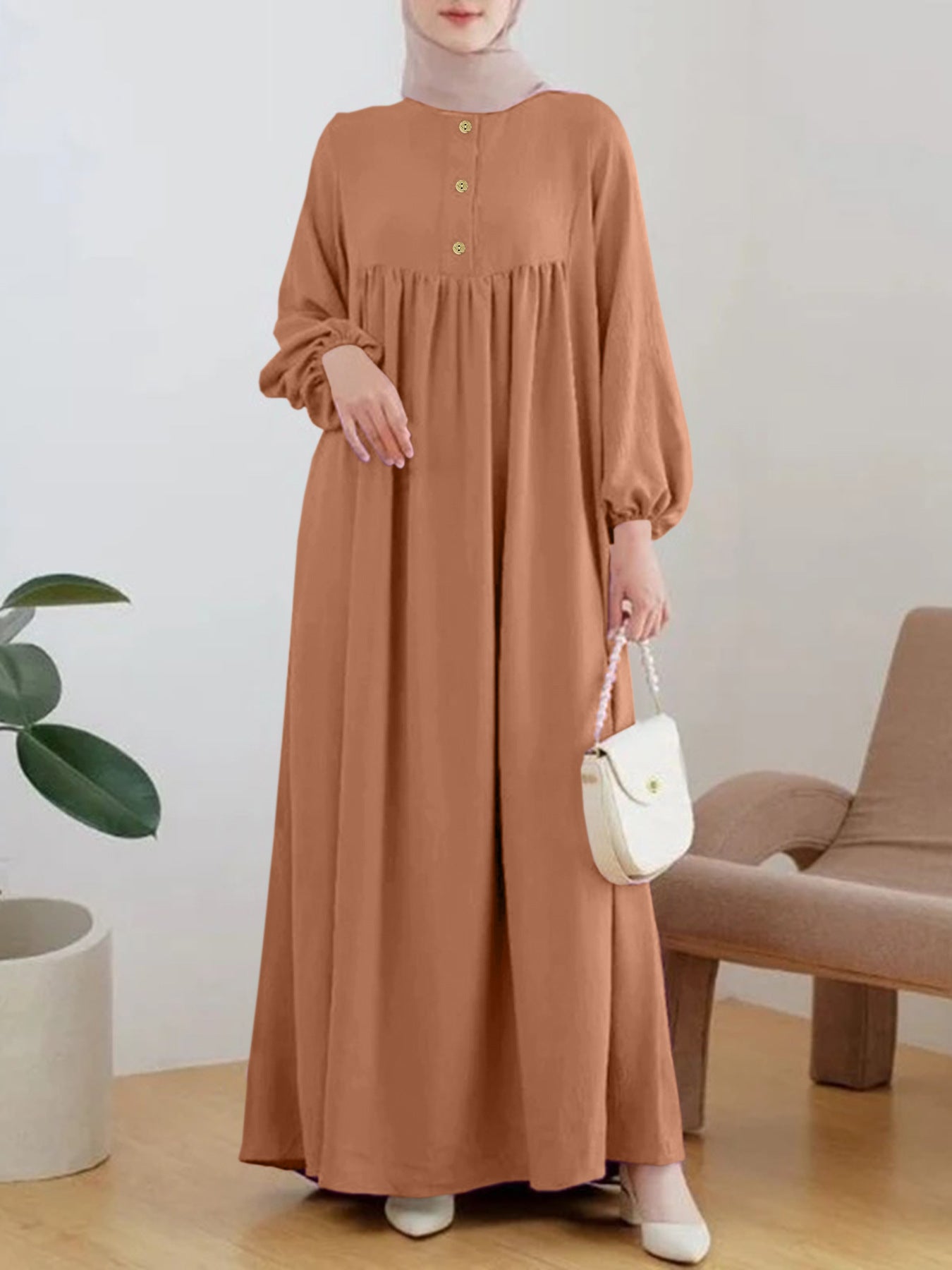 Damen luftiges Maxikleid mit bequemer Knopfleiste und eleganten Puffärmeln Stalluxe