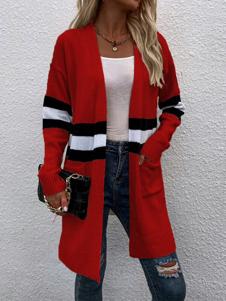 Damen Offene Strickjacke mit modernem Streifenmuster und praktischen Taschen Stalluxe