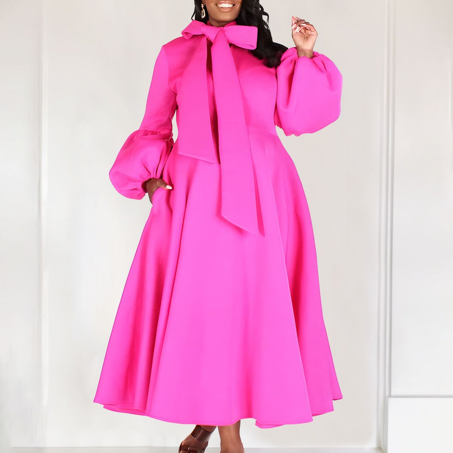 Damen Midikleid mit eleganten Schleifenärmeln und schwingendem Rock Stalluxe