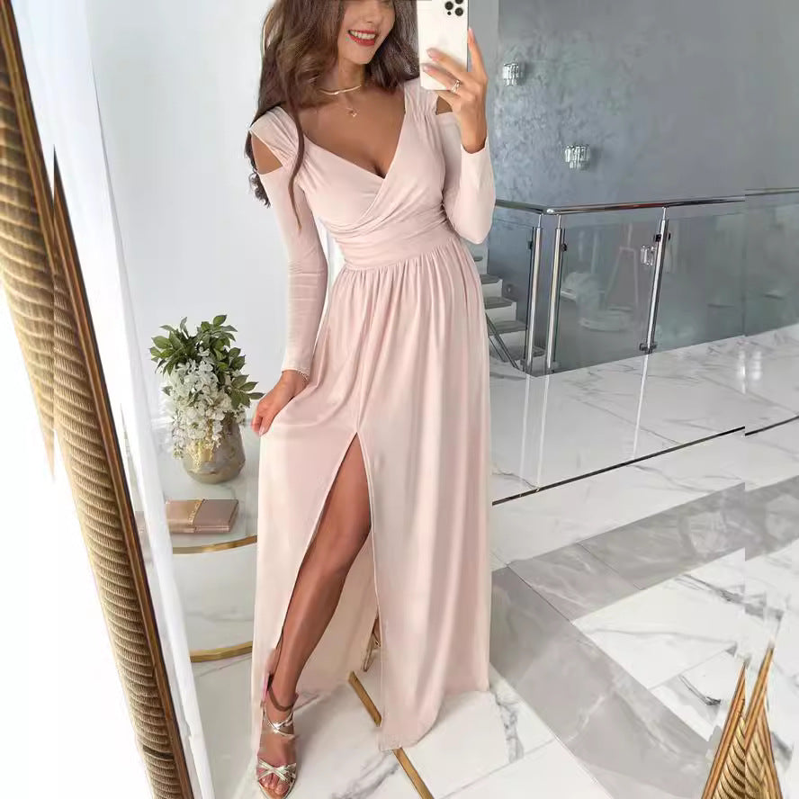 Damen elegantes Maxikleid mit tiefem V-Ausschnitt und schickem Schlitzdesign Stalluxe