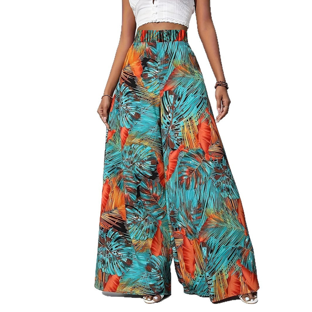 Damen Palazzo-Hose mit lebendigem Palmenmuster und elastischem High-Waist-Bund Stalluxe