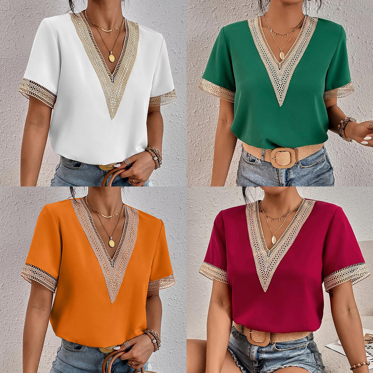 Damen Elegante Bluse mit V-Ausschnitt und dekorativen Spitzenapplikationen Stalluxe