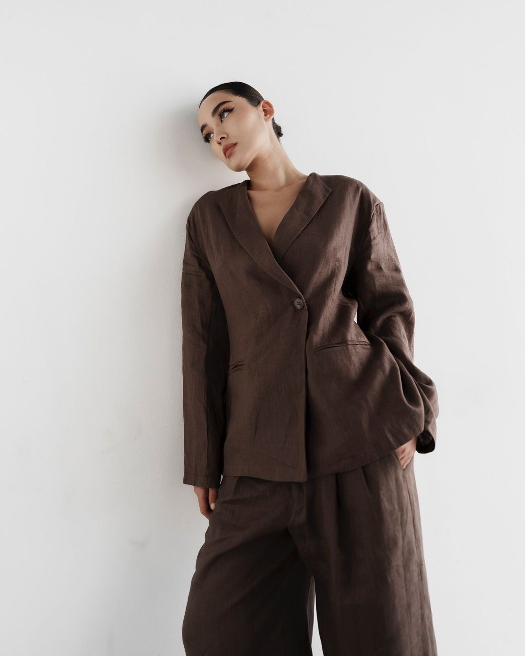 Damen elegantes Leinenanzug-Set mit langärmliger Jacke und weitem Schnitt Stalluxe
