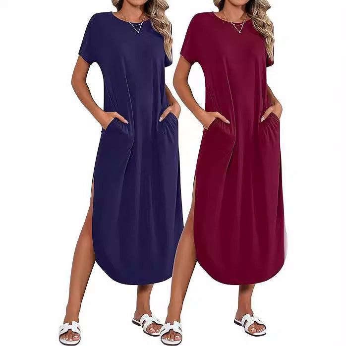 Damen Lässiges Maxikleid mit seitlichem Schlitz und feinem Rundhalsausschnitt Stalluxe
