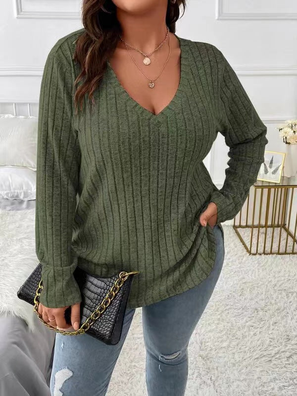 Damen Langarm V-Ausschnitt Shirt mit feiner Rippstruktur Stalluxe