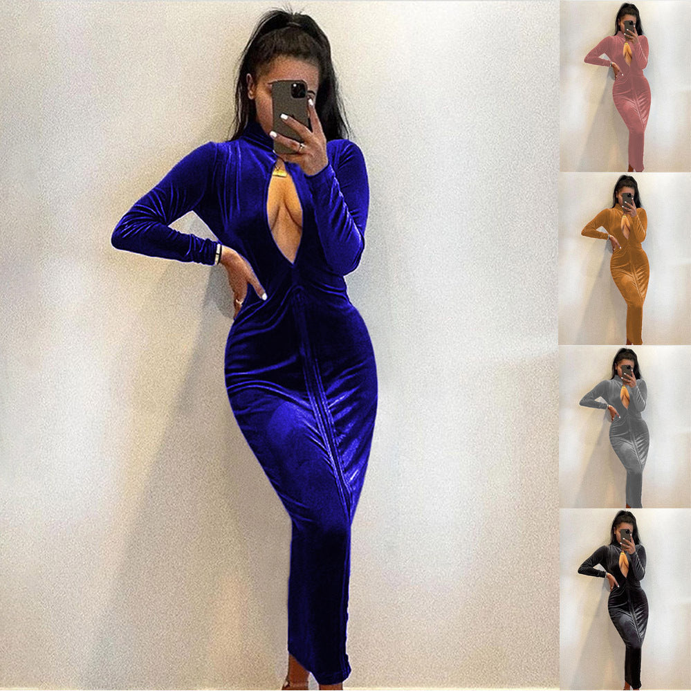 Damen elegantes Abendkleid mit tiefem V-Ausschnitt und langem Arm Stalluxe