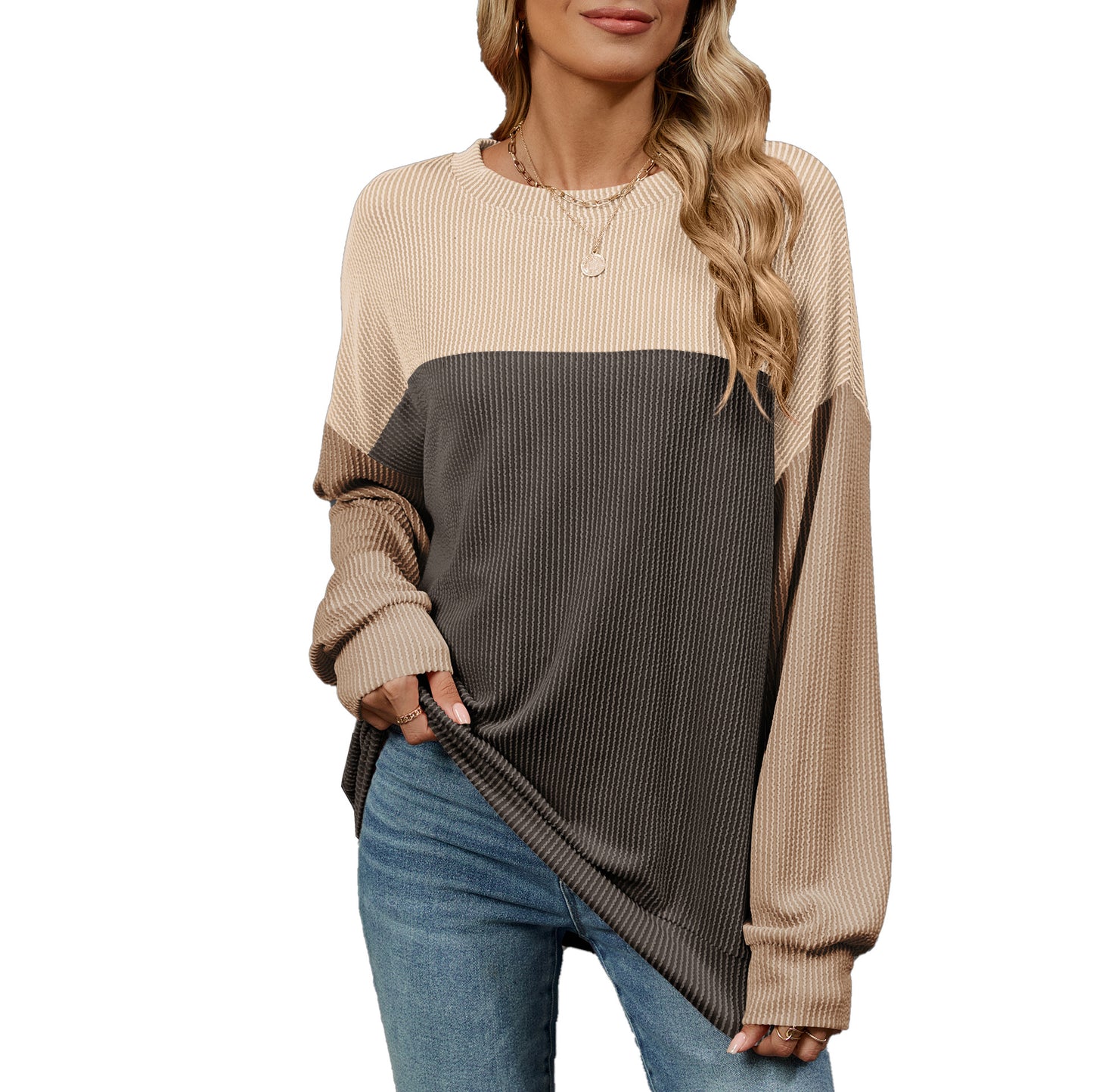 Damen Sweatshirt mit modischem Rippdesign und farblich abgesetzten Ärmeln Stalluxe
