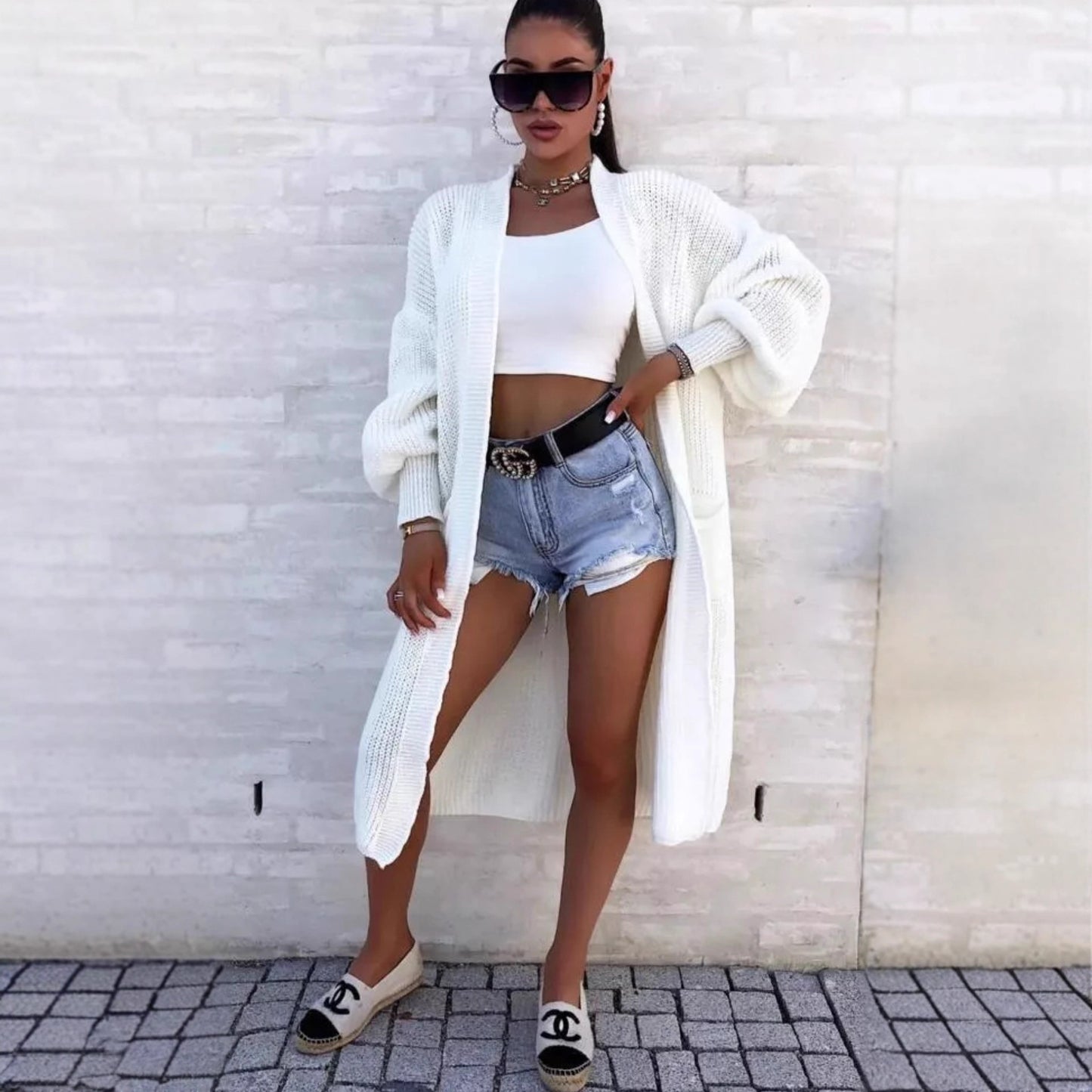 Damen Langer Strickcardigan mit weiten Ärmeln und praktischen Taschen Stalluxe
