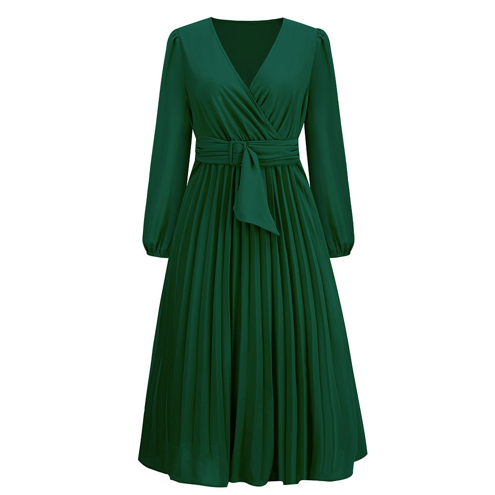 Damen Plissiertes Wickelkleid mit elegantem V-Ausschnitt und Taillengürtel Stalluxe